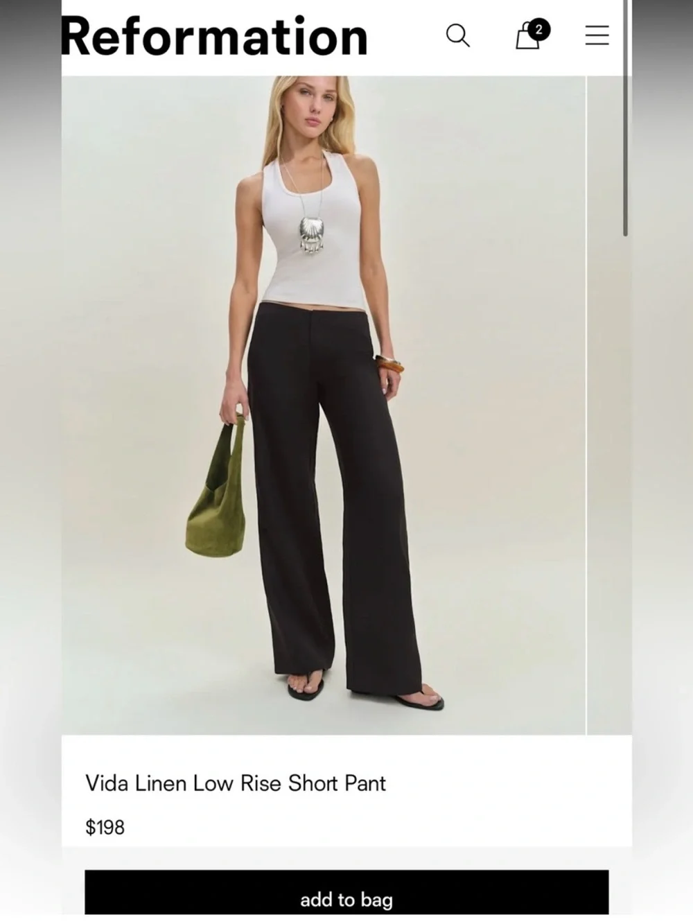 Reformation black linen low rise Vida pant size 4 short length